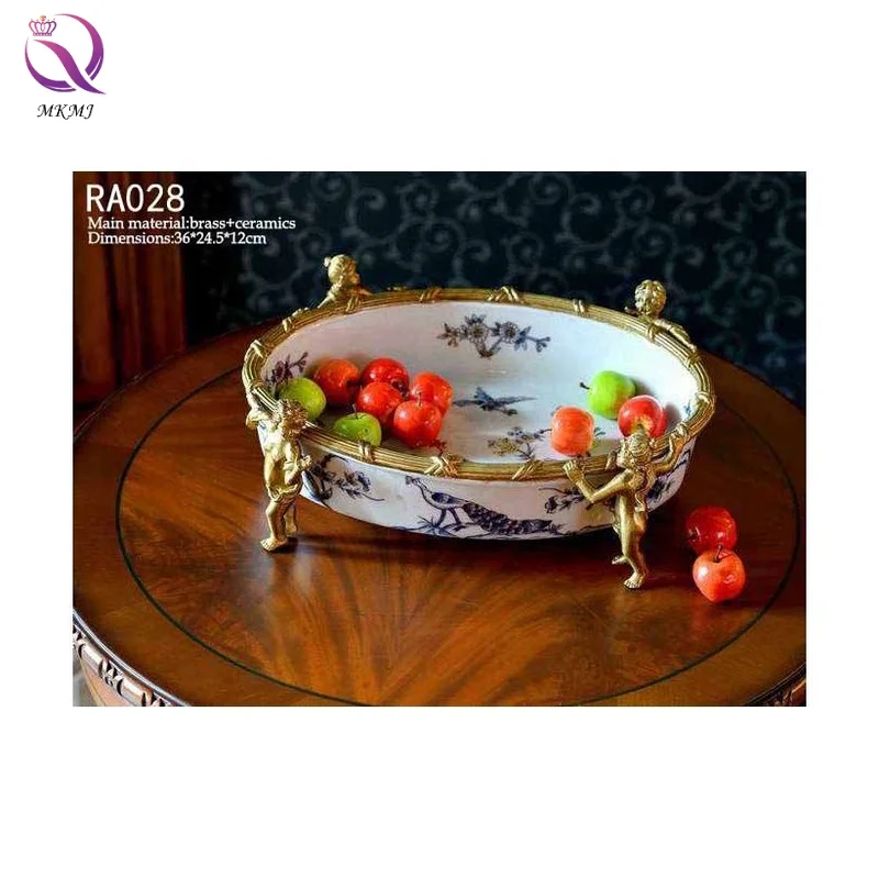 

Luxury American living room tea table fruit plate home decorations European pure copper angel fruit plate ceramic ornaments