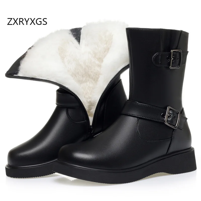 

ZXRYXGS 2025 New Witer Genuine Leather with Plush / Wool Boots Fashion Elegant in-tune Boots Black Thick Sole Women Cotton Boots