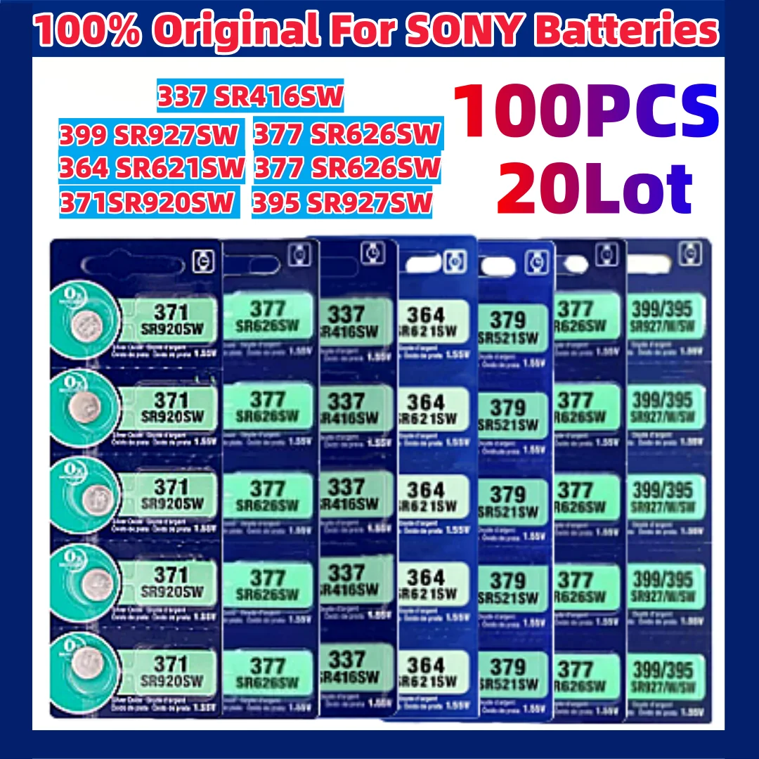 NEW 100pcs For Sony 337 SR416SW Silver Watch Battery 364 SR621SW 371 SR920SW 377 SR626SW 379 SR521SW 395 399 SR927SW Coin Cell