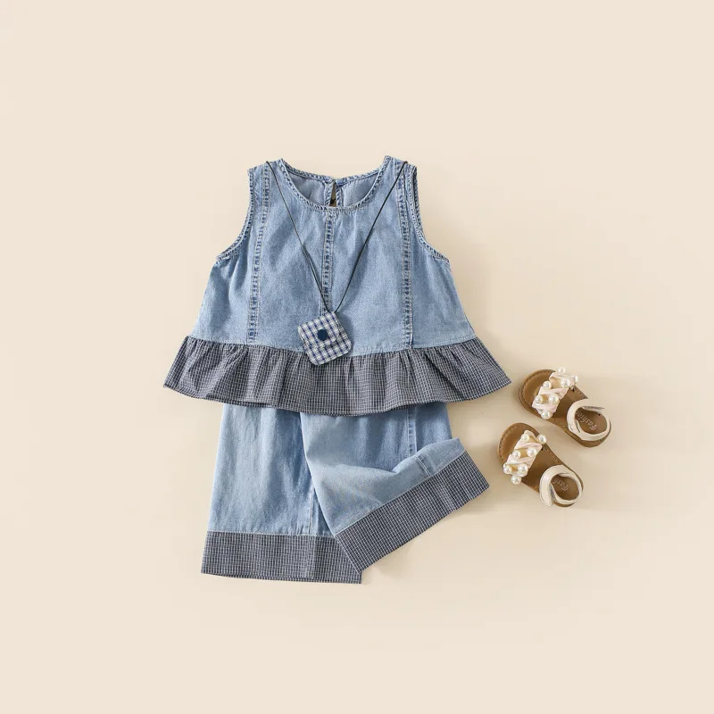 Girls' clothing Set Summer 2026 New Children's Korean Edition Cowboy Tank Top Sleeveless Top Wide Leg Pants Two Piece Set