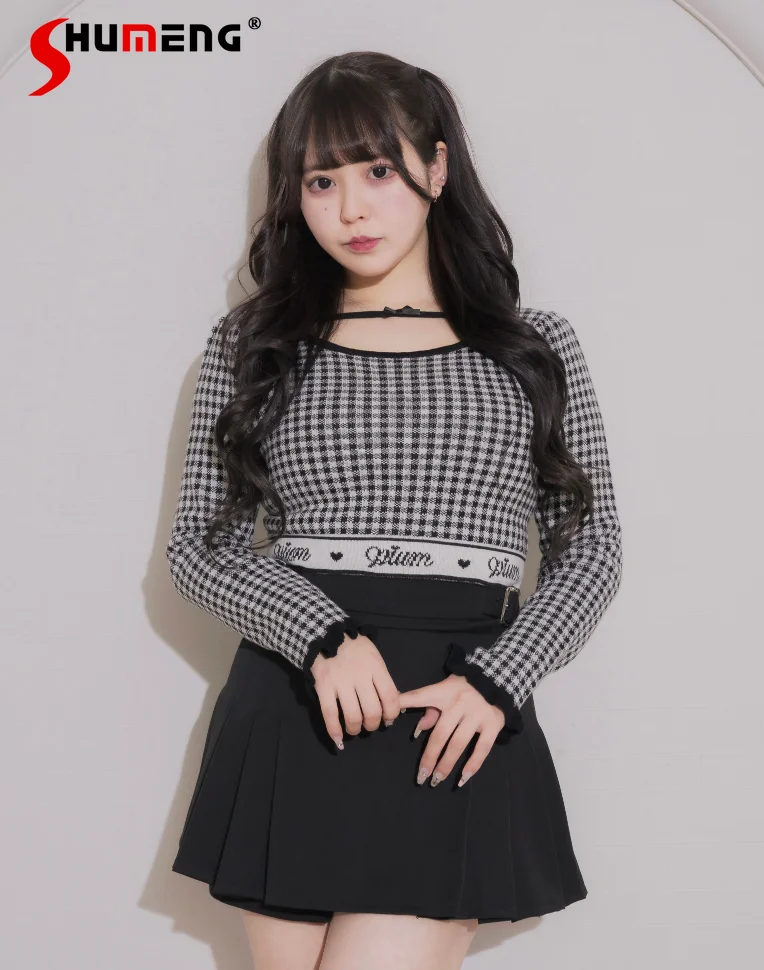

Japanese Mines Style Mass-produced Sweet Soft Girl's Knitted Crop Top Square Neck Puff Sleeve Plaid Pullover For Women Knitwear