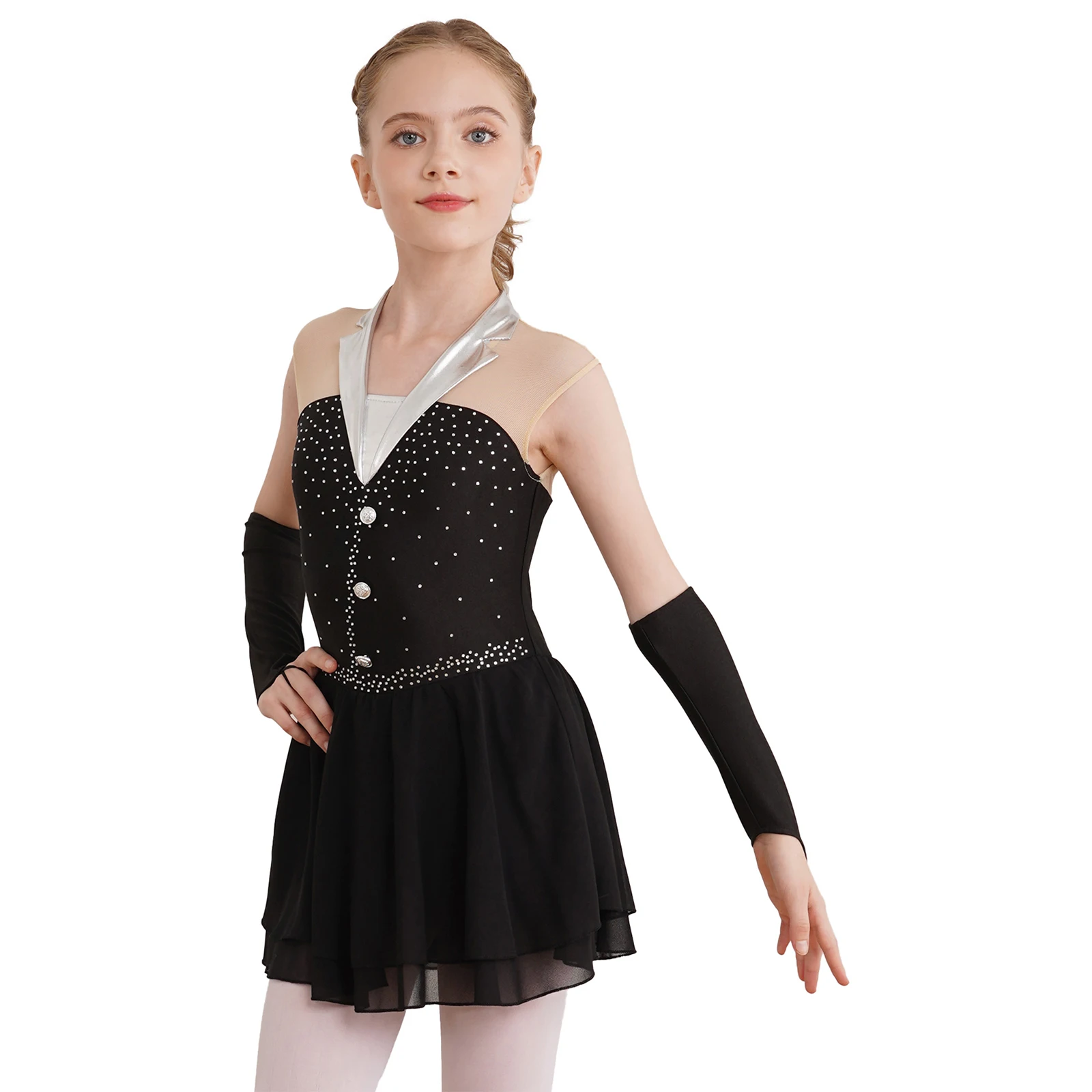 Kids Girls Figure Skating Costume Sequins Ballet Dance Dress with Fingerless Gloves Gymnastics Skirted Leotard Lyrical Dancewear