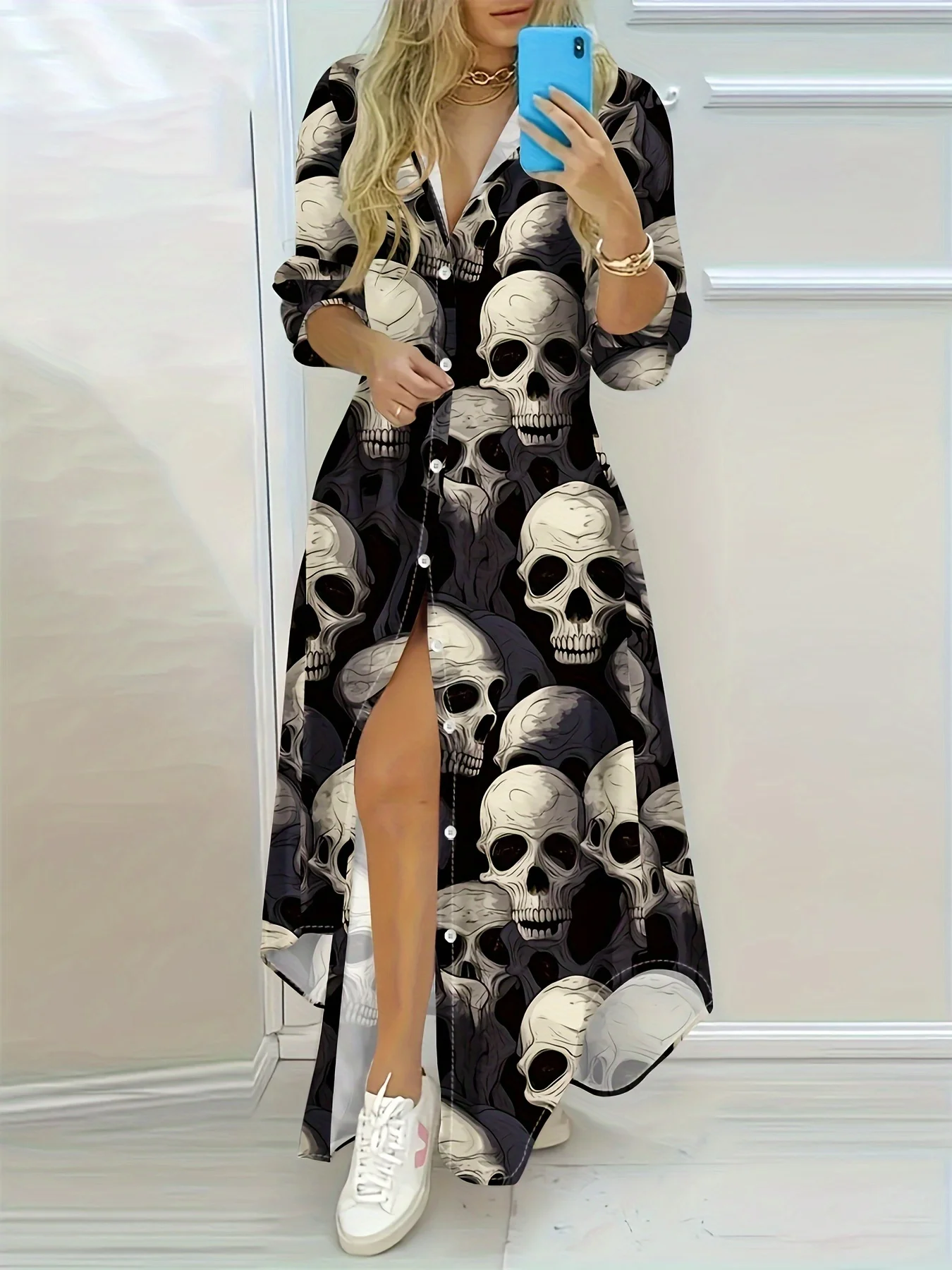 Langärmliges Freizeitkleid für Damen mit Totenkopf-Print im Urlaubsstil, A-Linien-Midikleid, Sommer-Strand-Outfit, trendiges Modekleid