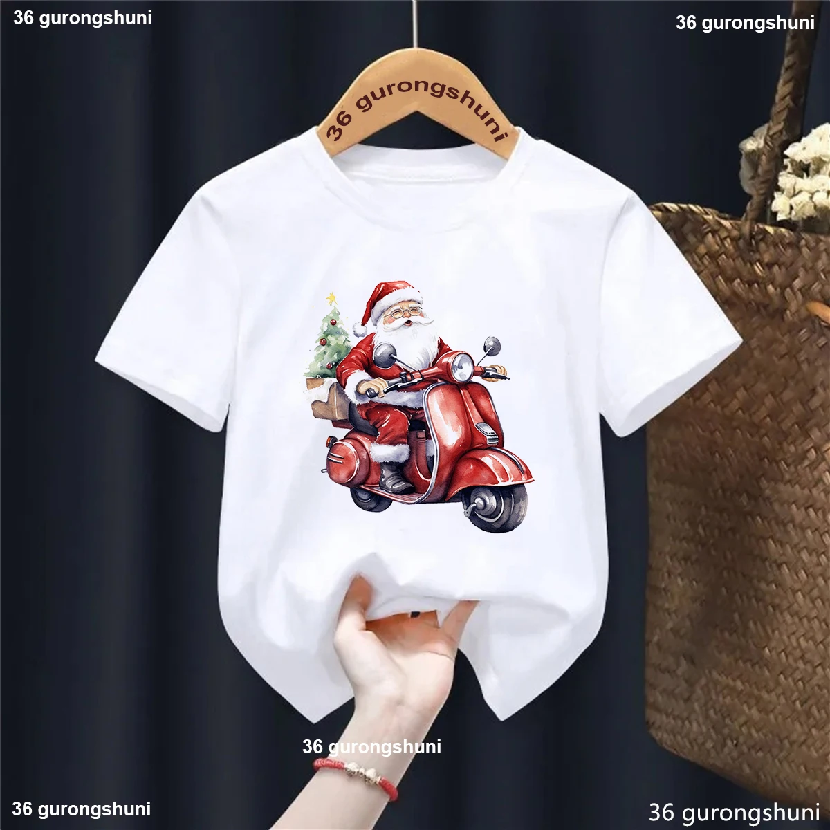 

Santa Claus Rides A Motorcycle Printed Tshirt Girls/Boys Funny Christmas Gift White Blue Yellow T Shirt Kawaii Kids Clothes