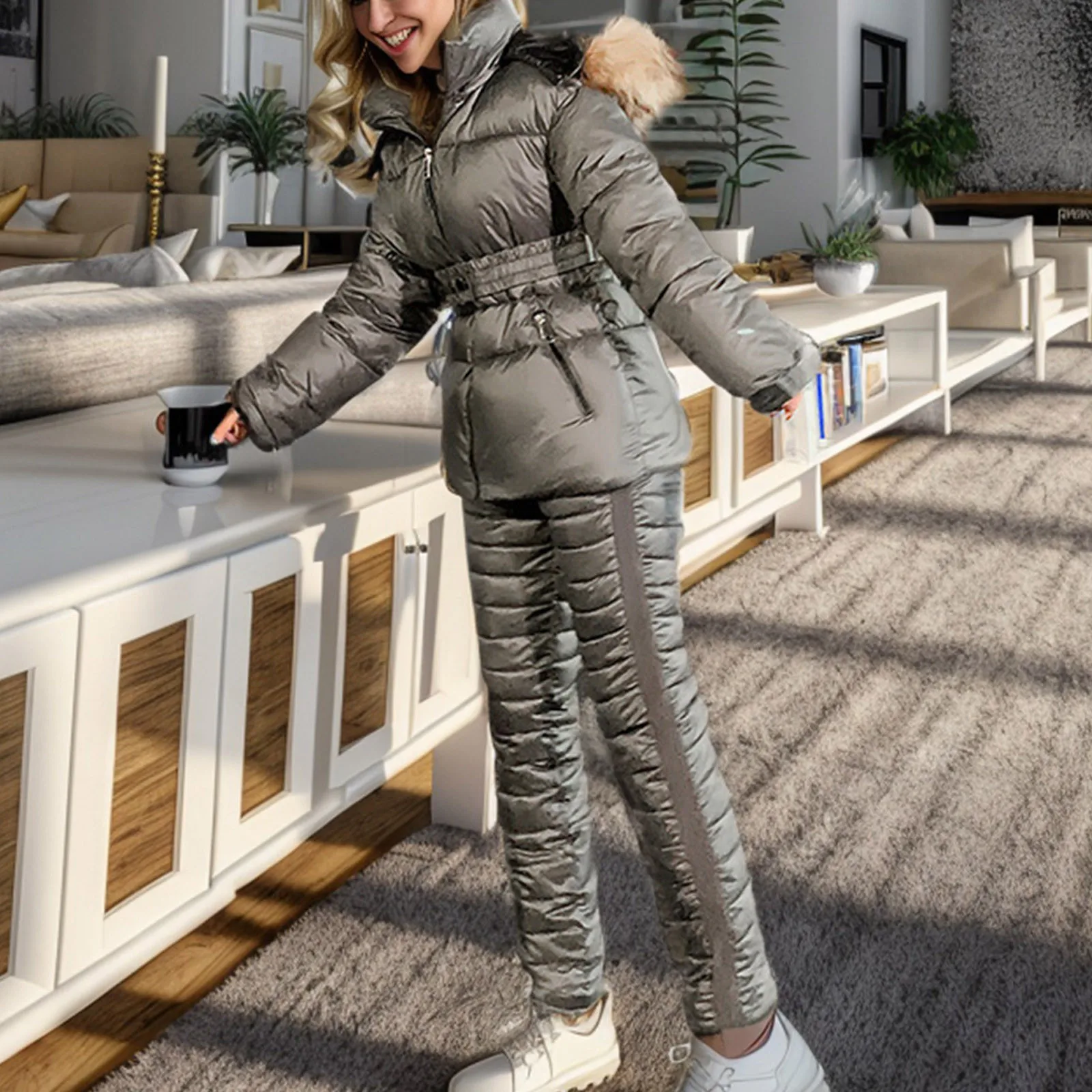 Women's Autumn And Winter Solid Color Ski Wear Outdoor Fashion Sports Hooded Slim Warm And Cold Proof Two Piece Olive Plus Size