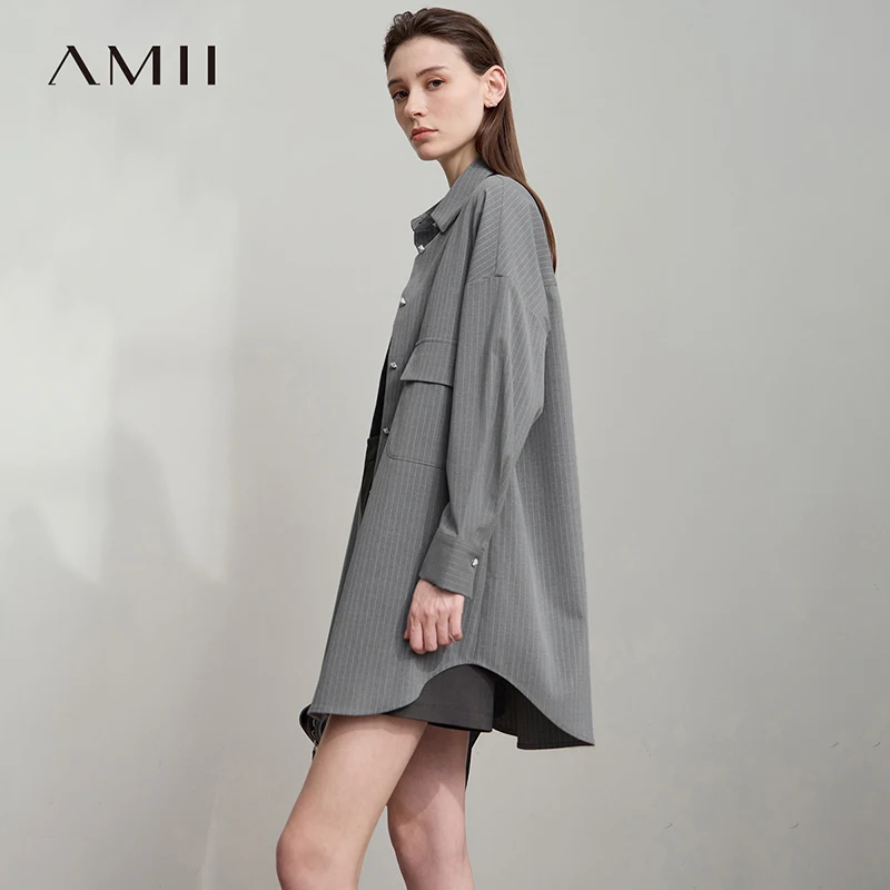 

AMII Minimalist Autumn Long Sleeve Tops 2025 Fashion Thin Stripe Ultra Loose Medium Length Non Elastic Casual Shirts 12553032
