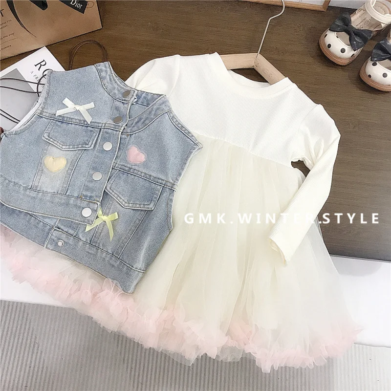 

Girls' Dress Spring and Autumn New Children's Denim Vest Gauze Skirt Set Little Girl Autumn Long Sleeve Dress