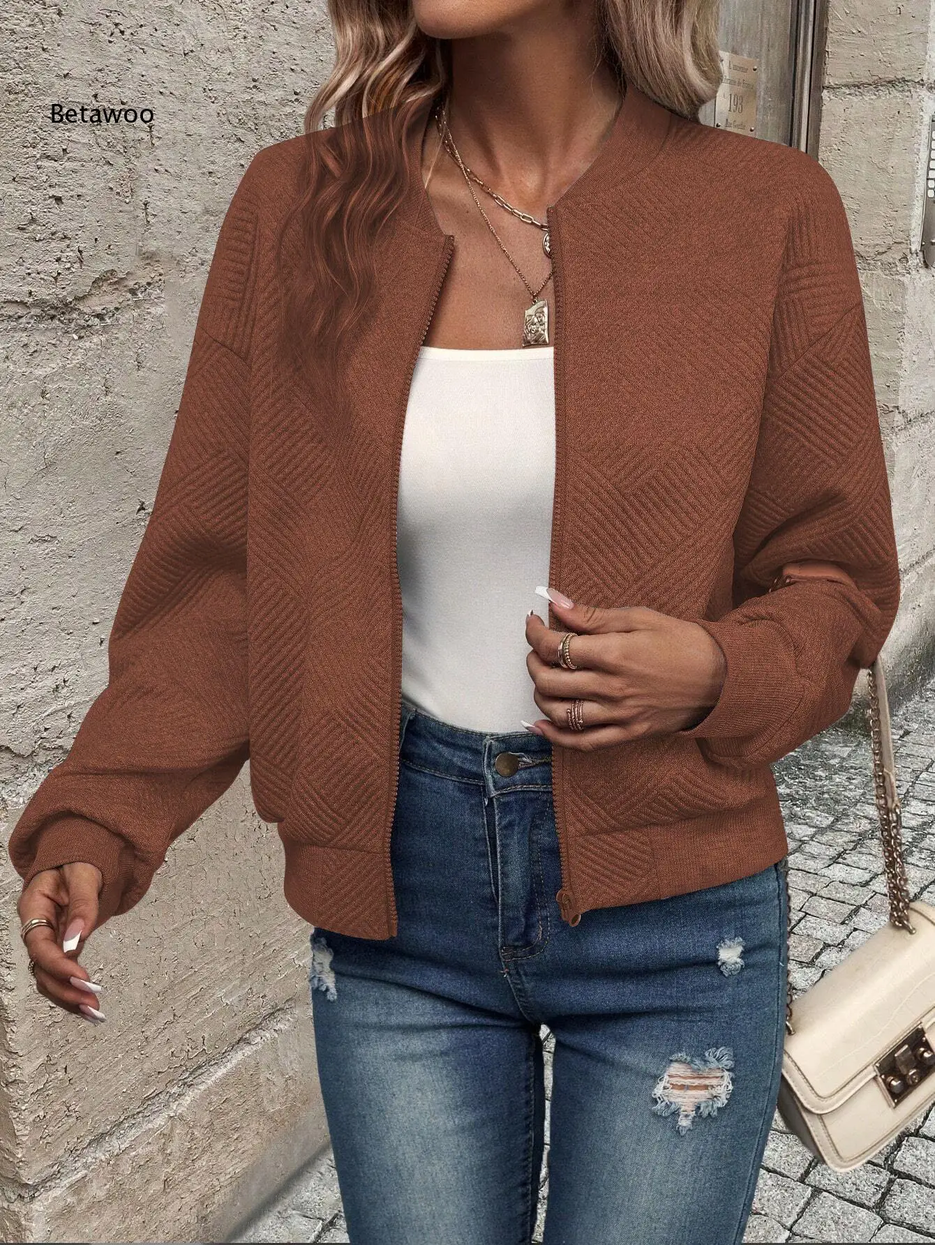 

Stand Collar Full Zip Textured Jacket Ribbed Trim Cuff Hem Loose Long Sleeve Solid Tone Everyday Casual Outer Coat