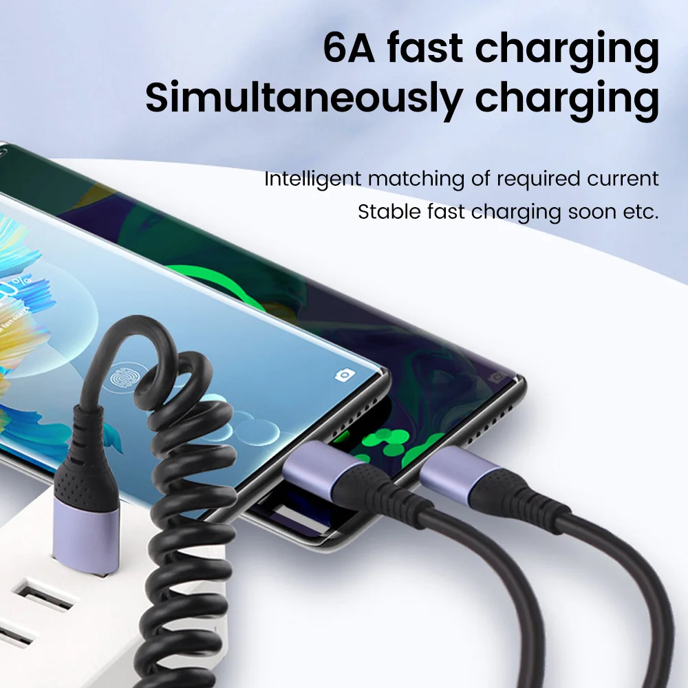 2-in-1 Spring Data Cable 6A USB To Type C/Micro Fast Charging Cable For iphone Xiaomi Huawei Samsung Car USB C Cable 1.8M