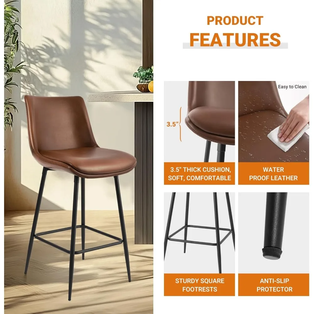 FSC-zertifizierte gepolsterte Barhocker aus Kunstleder mit Rückenlehne, Metallgestell, 27-Sitzerhöhe, moderner Stil