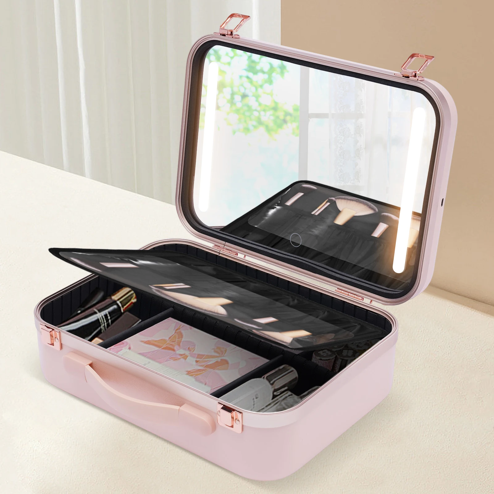 Makeup Organizer with 3-Color Dimmable LED Light, 88 Beads, 4K Mirror, Multi-Compartment Storage, 2000mAh Battery, Portable