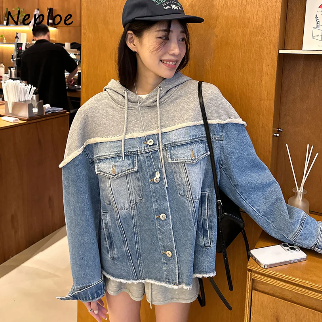 Neploe Casual Single Breasted Patchwork Hoodie Hooded Denim Loose Streetwear Minority Sweatshirts Lace Up Korea Chic Y2K Coat