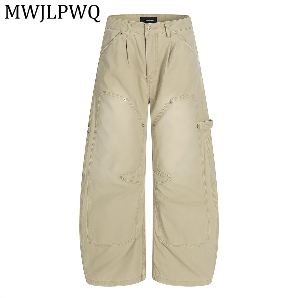

MWJLPWQ Retro Distressed Workwear Curved-Leg Pants For Men Vibe American Street Fashion Design Loose-Fit Wide-Leg Trousers 14250