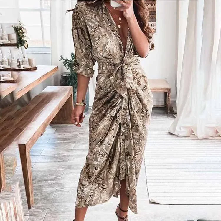 Frauen Boho Print lange Hemden Kleid Sommer Turn-Down-Kragen Party kleid unregelmäßige Falte Schnür Frauen Kleid weibliche Abendkleider