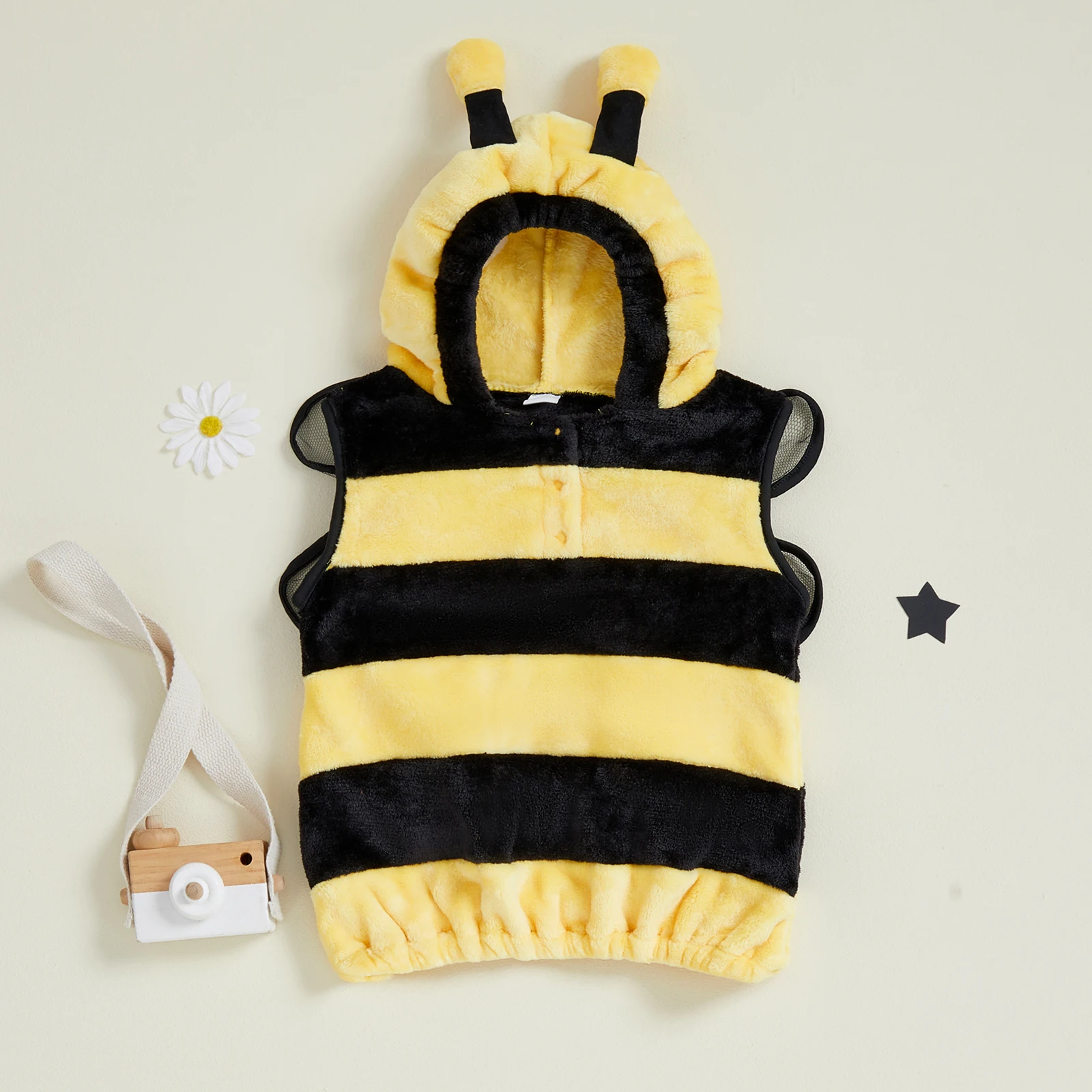 1-4Y Cute Kid Halloween Bee Costume Sleeveless Striped Hooded Vest with Wings Cosplay Bee Stage Performance Costumes