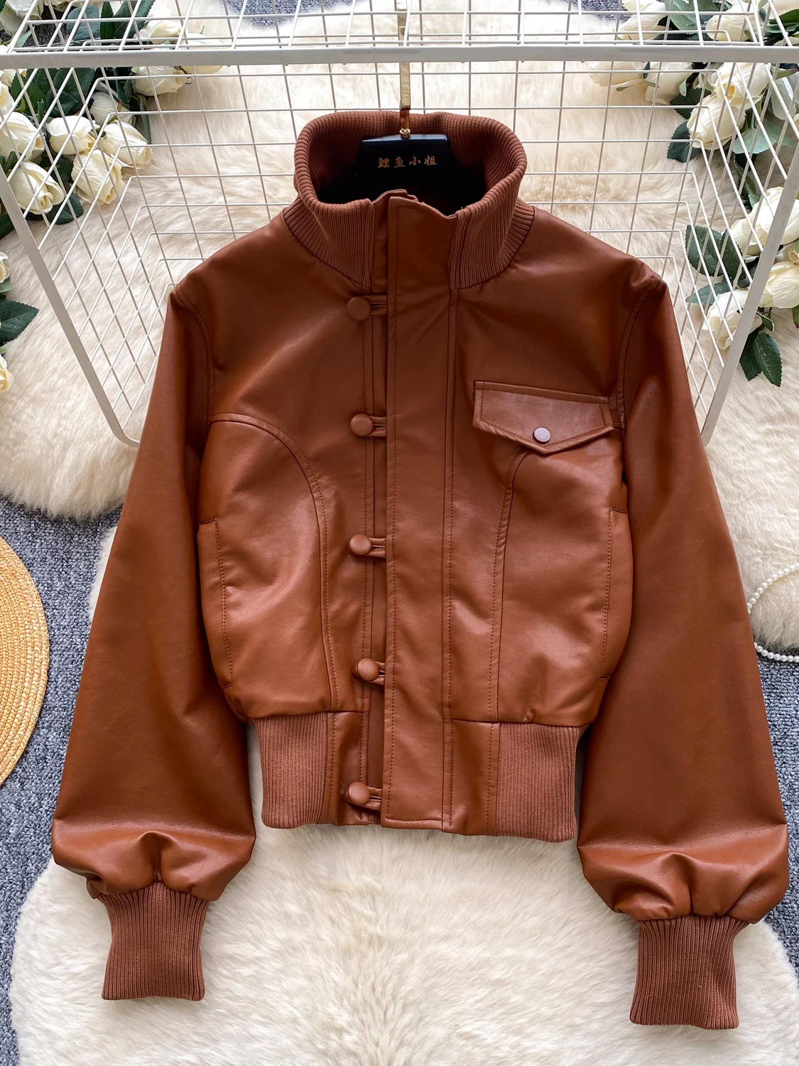 Retro Stand Collar Short Jacket Women's Coffee Color Leather Jacket Slimming Versatile Casual Top American Style Loose Fit
