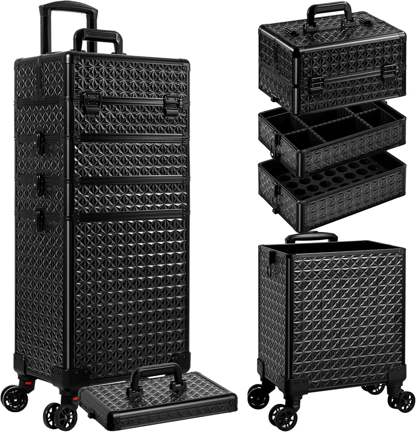 5-in-1 Rolling Makeup Train Case with Wheels, Large Cosmetic Organizer for Travel and Salon Use