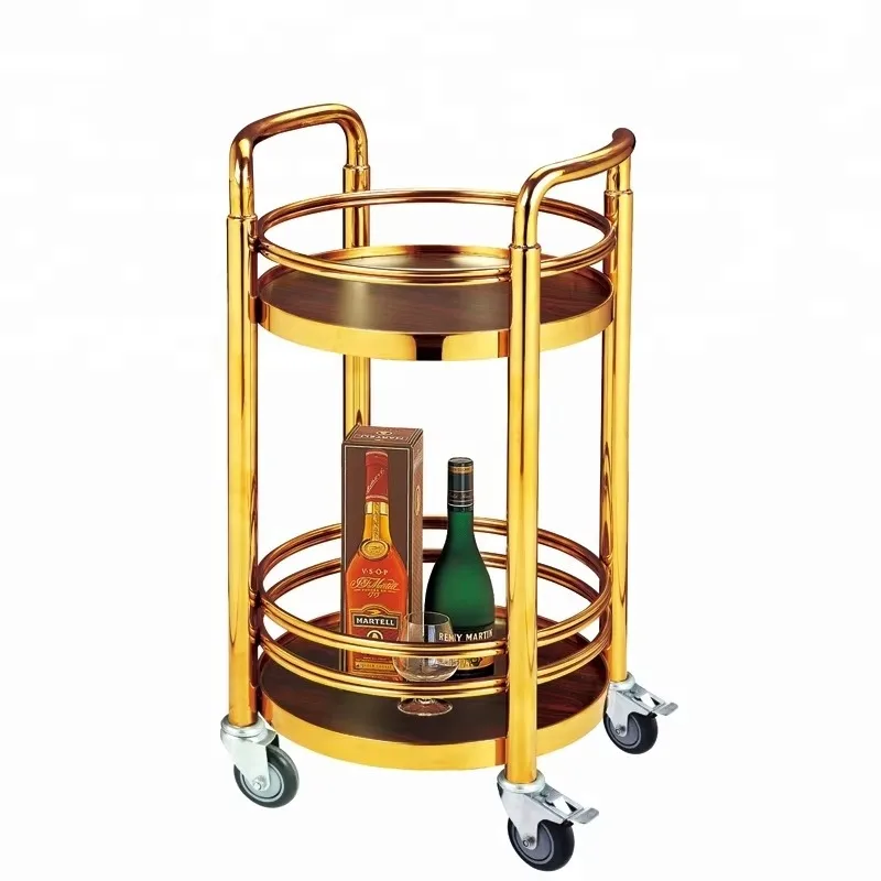 Hotel Buffet Trolley 3 Tier Stainless Steel Luxury Gold bar Wooden Service Food Tea Wine Cart with Wheels