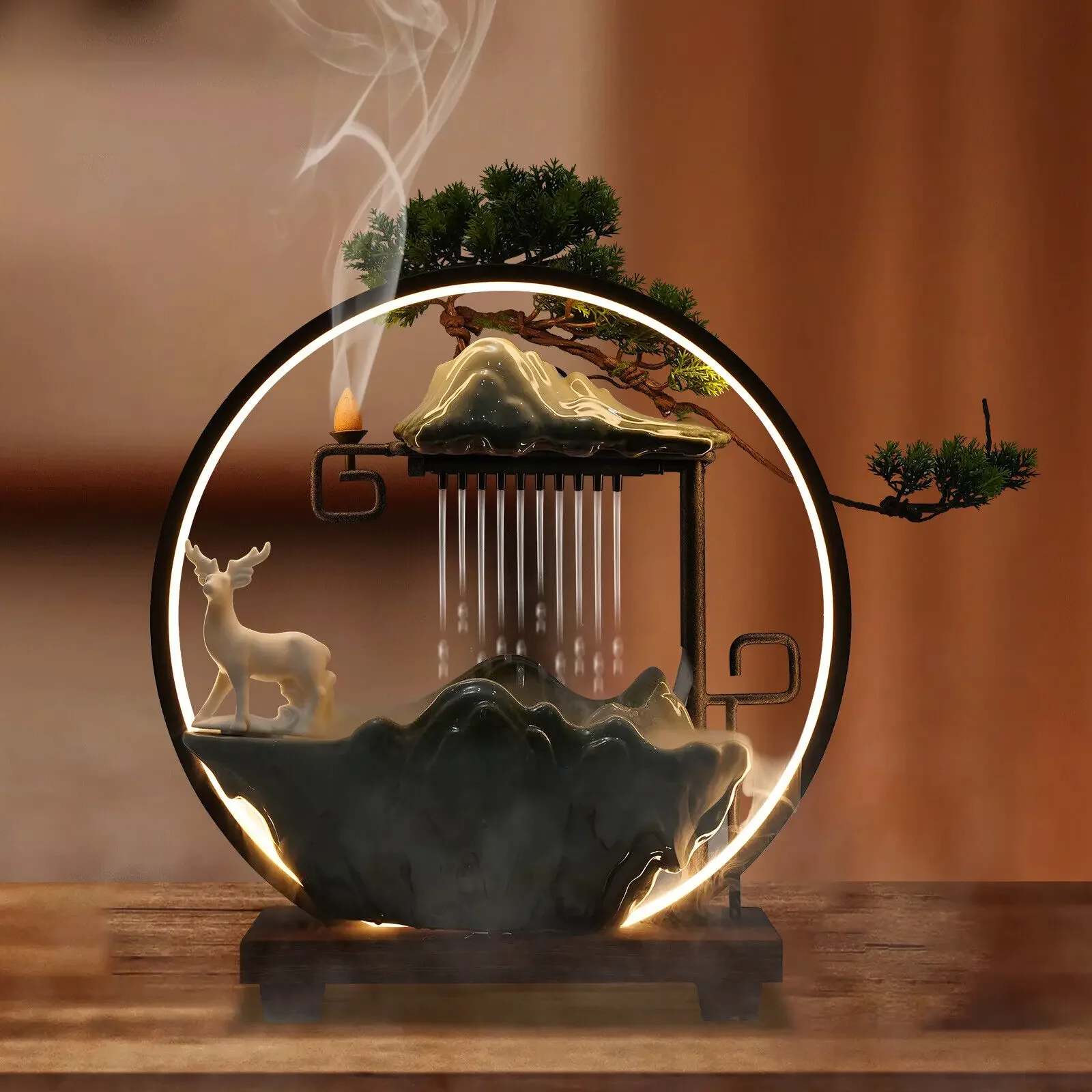 

Ceramic Tabletop Water Fountain with Mist and LED Light Indoor Decor for Meditation W/ Deer Figurine&Pine Branches 110V