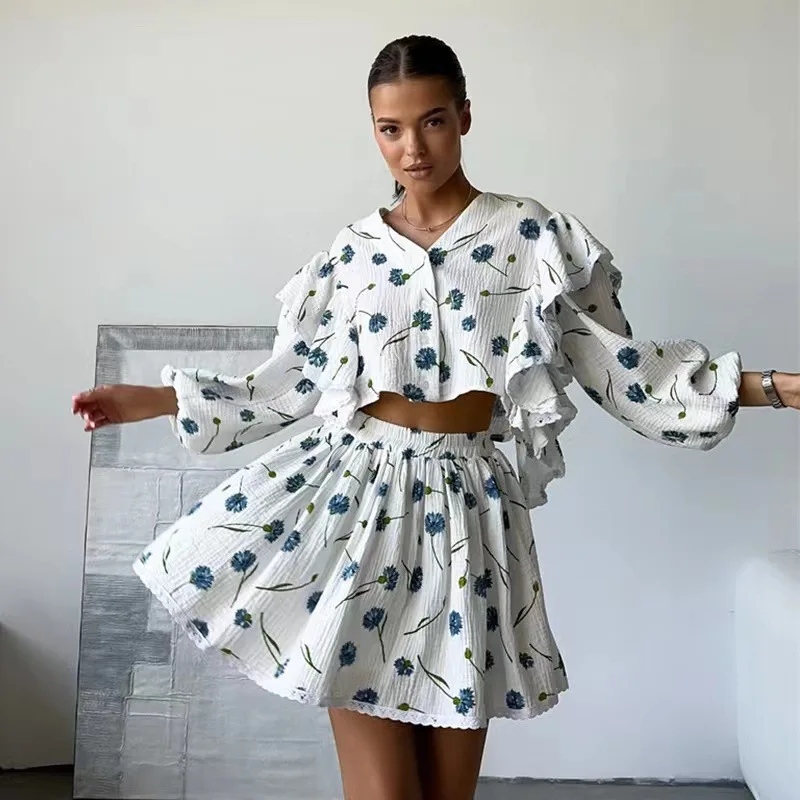 Women Dress Suit 2023 Spring Summer New Print Long Sleeve Ruffle Design Top And Elastric Waist Skirt Two Piece Sets Fashion Suit