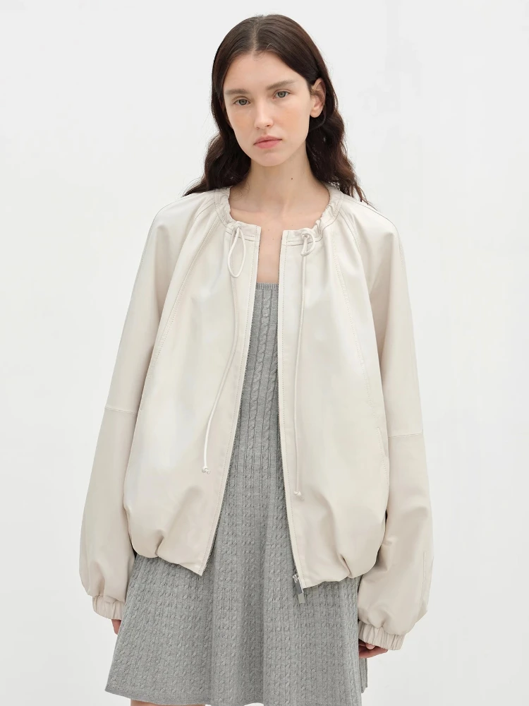 Drawstring O-neck Genuine Leather Jackets for Women Spring Autumn 2025 New High-end Solid Simple Soft Short Real Sheepskin Coat