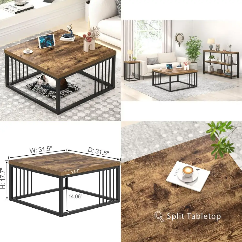

Industrial Style Rustic Wood and Metal Square Coffee Table for Living Room, 31.5 Inch