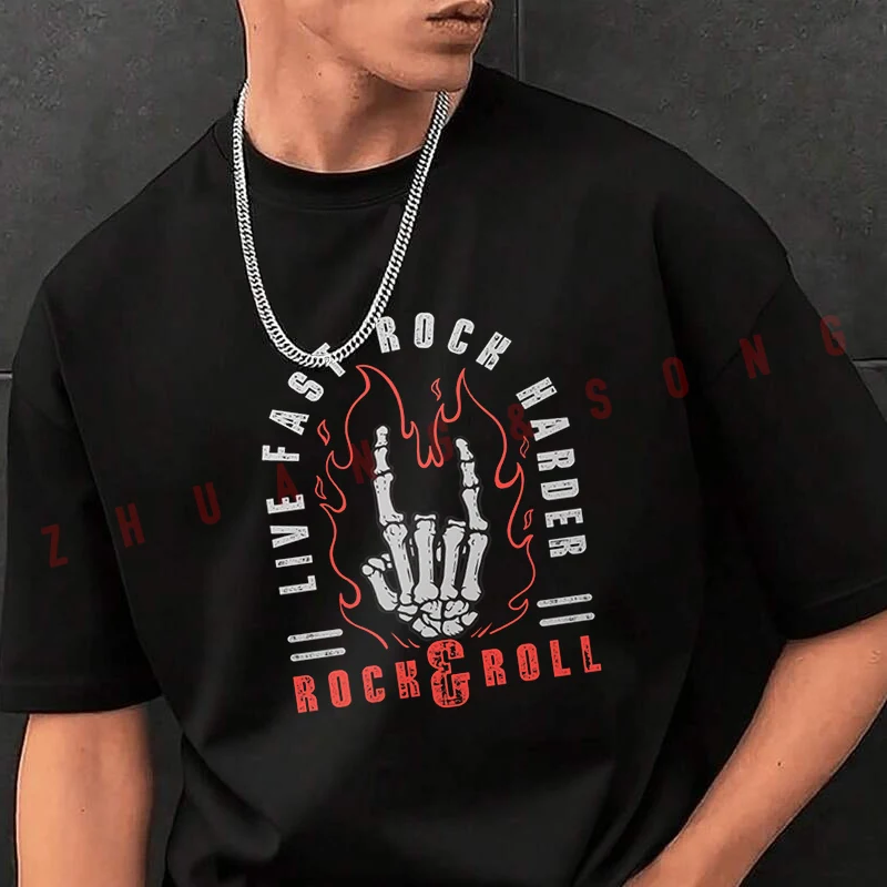 

Футболка Rock And Roll French Fries, мужская черная футболка в стиле хип-хоп с круглым вырезом, повседневная футболка с круглым вырезом, топы, повседневная футболка