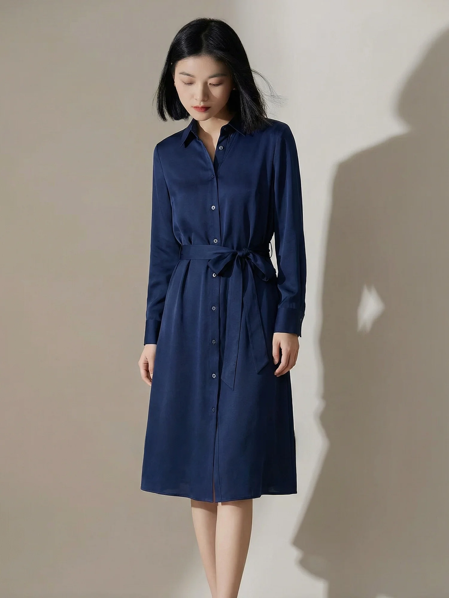 

Chivirin Silk irt Dr Women's Spring Autumn Commute Long Sve Dr Hebe Sle Waist Cinched Button up Loose Fit