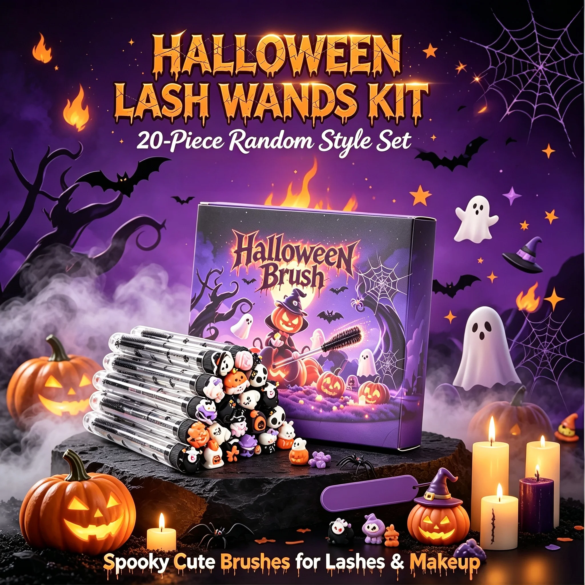 20Pcs Halloween Eyelash Brush with Tube Spooky Lash Spoolies Mascara Wands for Extensions Makeup Tools Bulk Party Favor Gift Kit