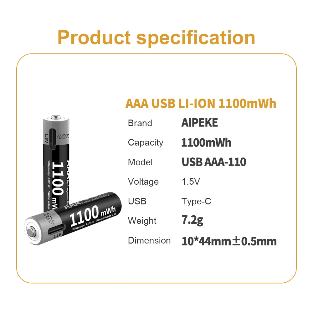 AIPEKE 1.5v usb aaa rechargeable battery 1100mWh aaa battery Lithium Charging battery for Toys Mouse keyboard