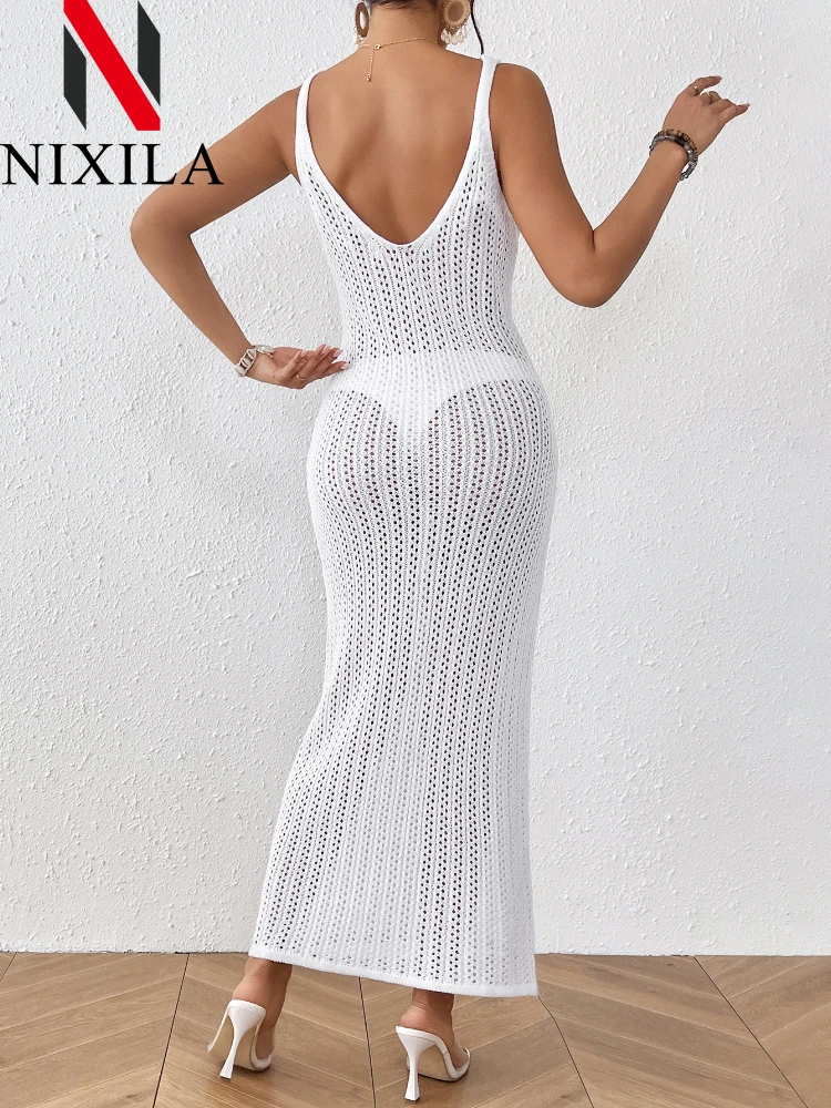 Letnia sukienka damska z dekoltem w szpic Szydełkowy kostium kąpielowy bez rękawów z wycięciem Bikini Cover Up Sexy Perspective Beach Maxi Dresses