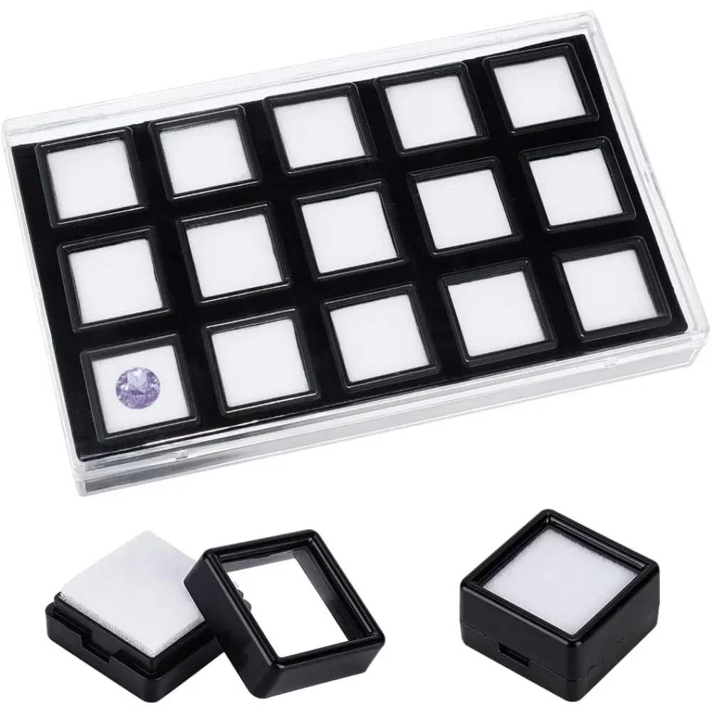 

15 Pack Display Box 1.1x1.1x0.65inch Black Display Case Jewelry Box Container with Clear Glass Window for Treat Gems