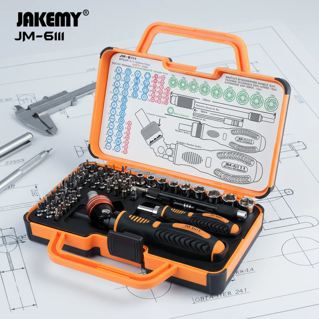 For JM-6111 69-in-1 DIY Home Tools Set 180-Degree Ratchet Screwdriver Plastic OEM Multi Bits Appliance Maintenance Tool Box