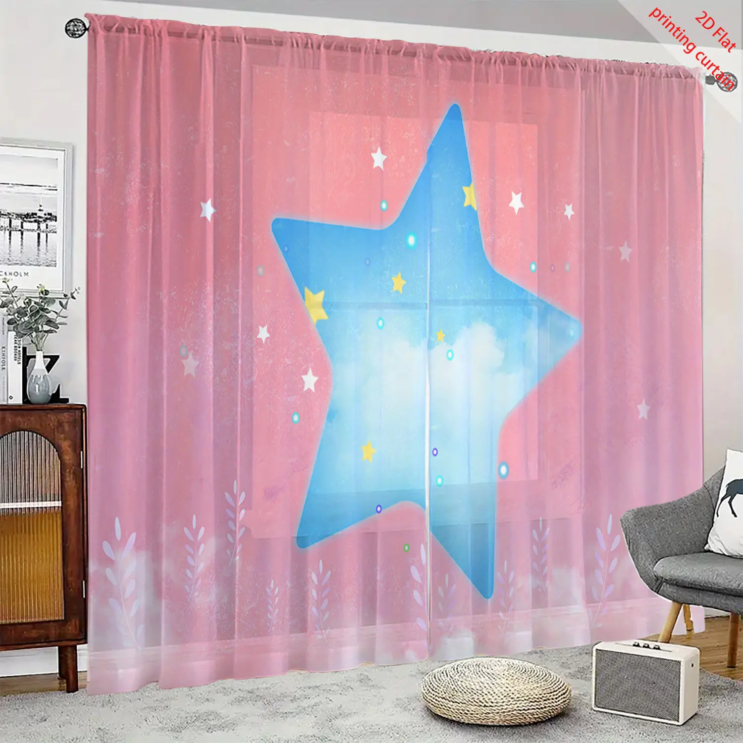 Pink starry sky pattern printed gauze curtain, cartoon transparent curtain, office, dormitory, home balcony window decoration