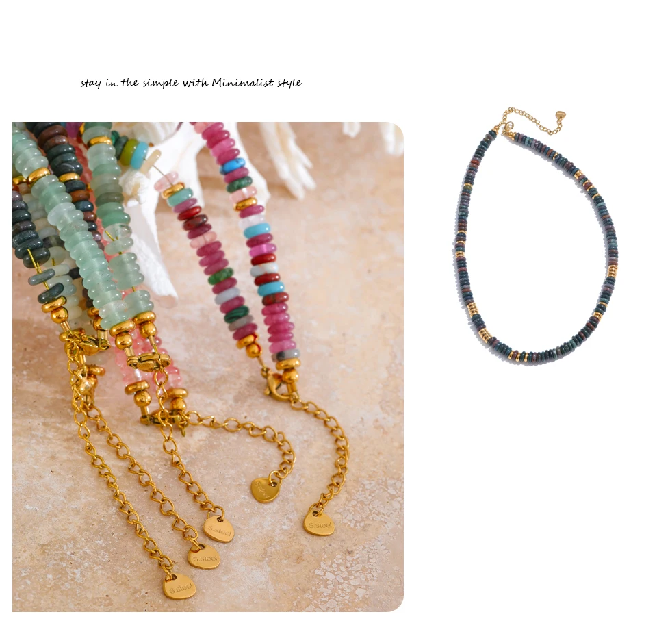 Yhpup Bunte Natursteinperlen, handgefertigte Kette, Y2K-Mode-Halskette für Frauen, Edelstahl, wasserdicht, Kragen, Schmuck, Geschenk – Detail 12