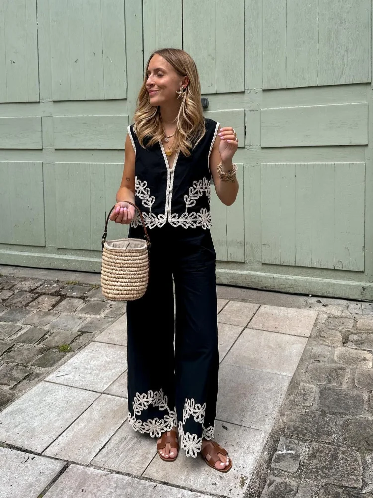 

Trousers Two Pieces Sets Female 2024 New Ladies High Streetwear Summer Embroidery Vest Pants Set Women Fashion Loose High Waist