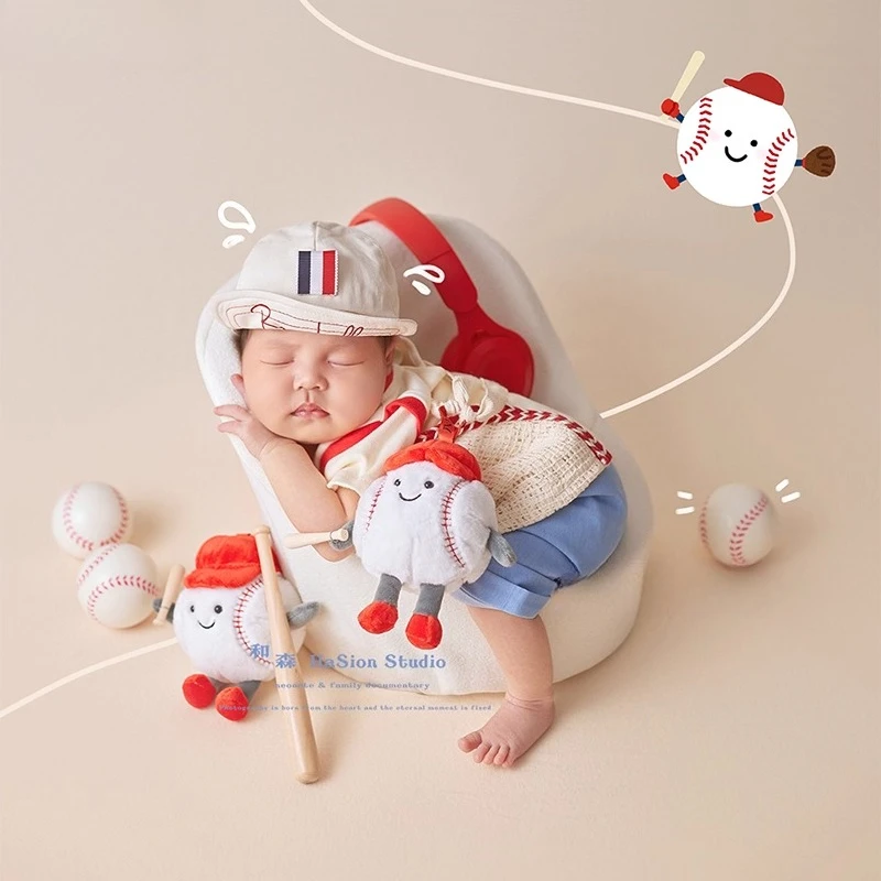 Newborn Photography Props Cute Baseball Theme Set Backdrop Clothing with Cap Headphone Mini Doll Decors for Studio Photoshoot