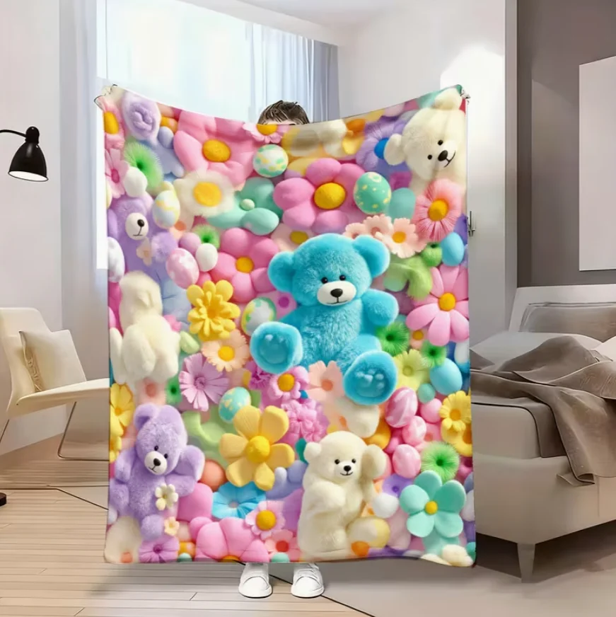 1pc Teddy Bear Floral Egg Pastel Print Flannel Blanket Soft And Comfortable All Season Blanket Suitable For Travel Blankets