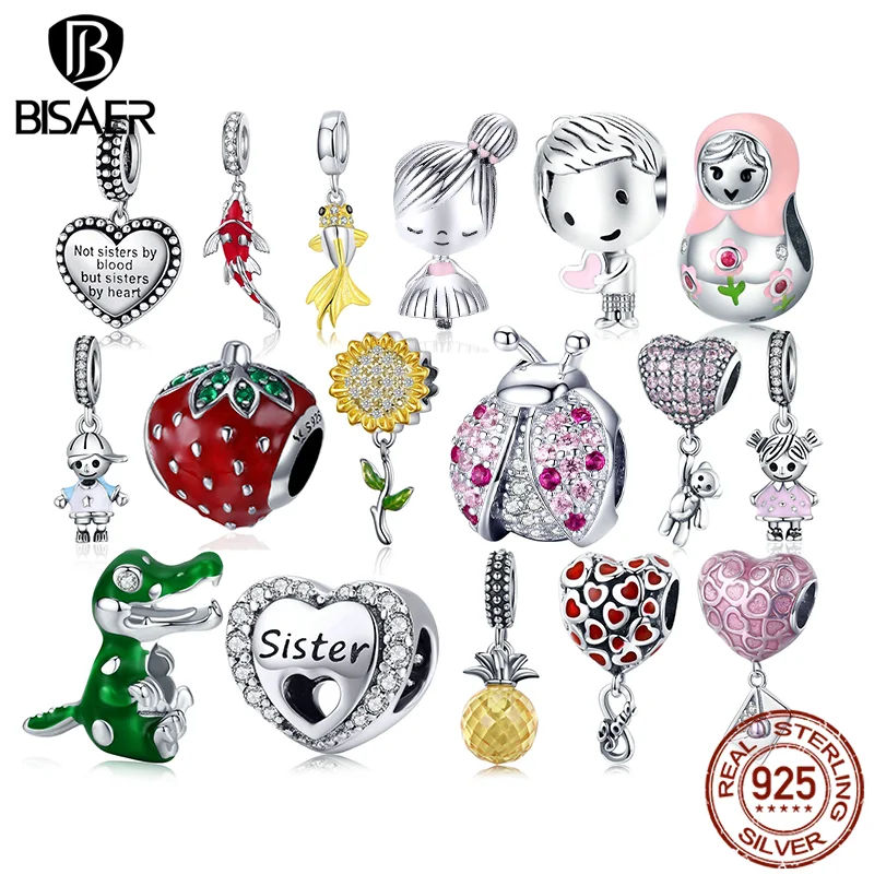 BISAER 925 Sterling Silver Couple Girl Boy Charms Beads Pineapple Strawberry Dessert Pendant for Women Bracelet DIY Fine Jewelry