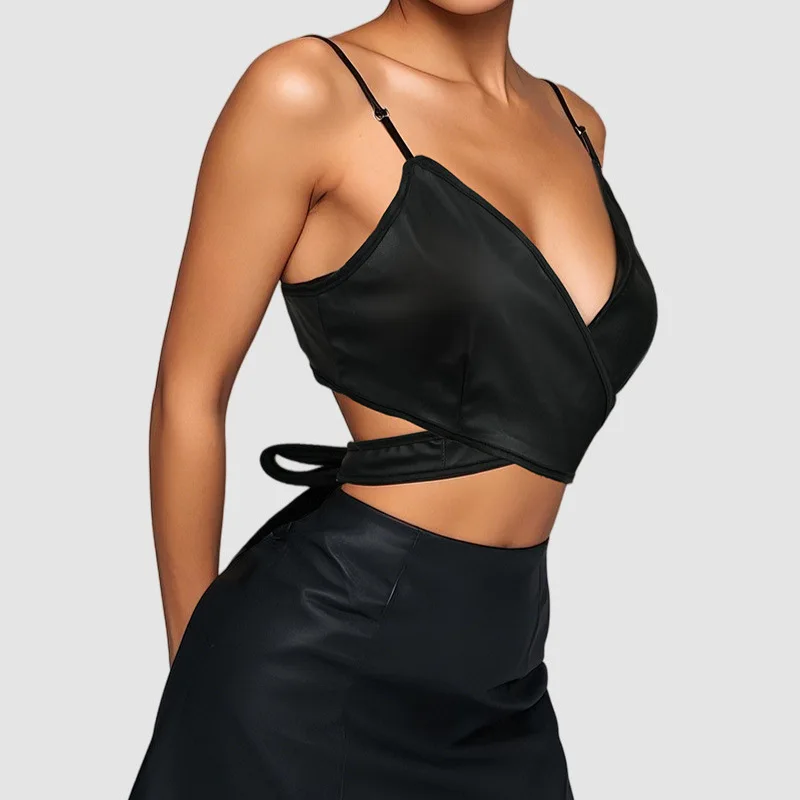 

European and American Style Black Women's Tube Top Leather Versatile Top Leather