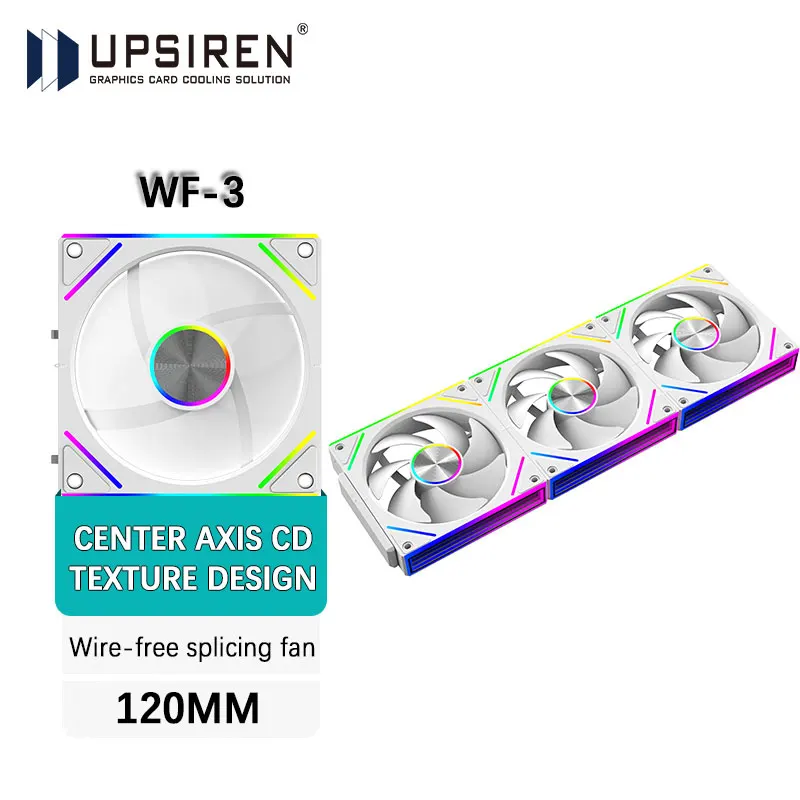 

UPSIREN WF-3 120mm Wire-free splicing case fan motherboard light synchronization 4PIN PWM Center axis CD texture design 12CM