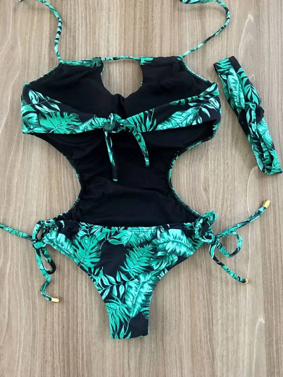 Green leaf print Cut Out One-Piece Swimsuit Women Sexy Backless String Adjust  Girls Beach Bathing Suit Swimwear