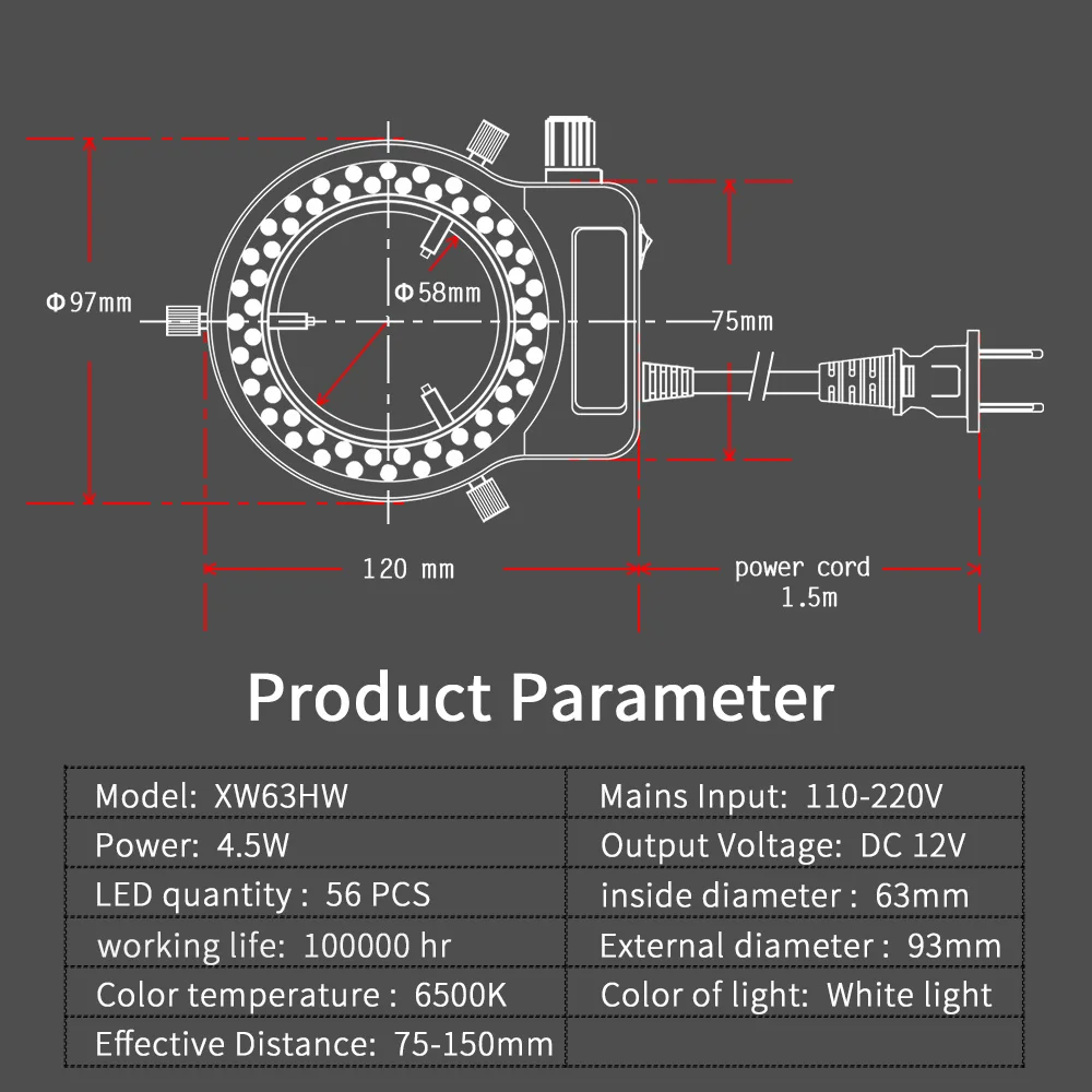 Imagem -03 - Anel Led Fonte de Luz para Microscópio Industrial Lâmpada Iluminador Temperatura de Cor 6500k Brilho Ajustável