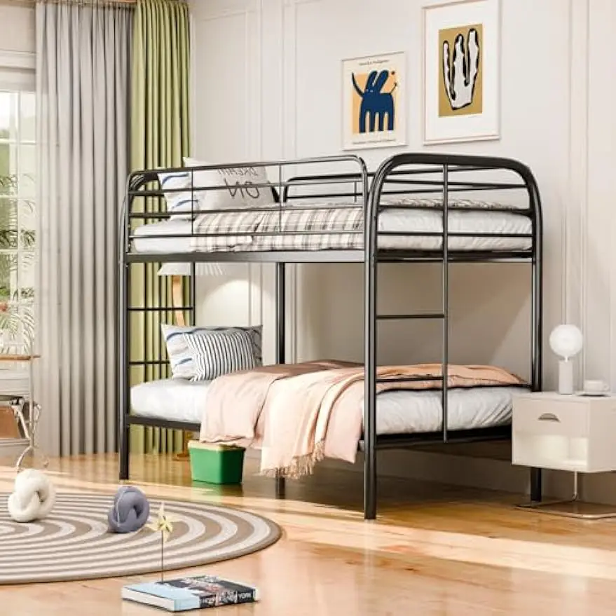 Metal Bunk Bed Twin Over Twin Size, Heavy Duty Bed with Safety Guard Rails and Space-Saving Design, Steel Bed for School