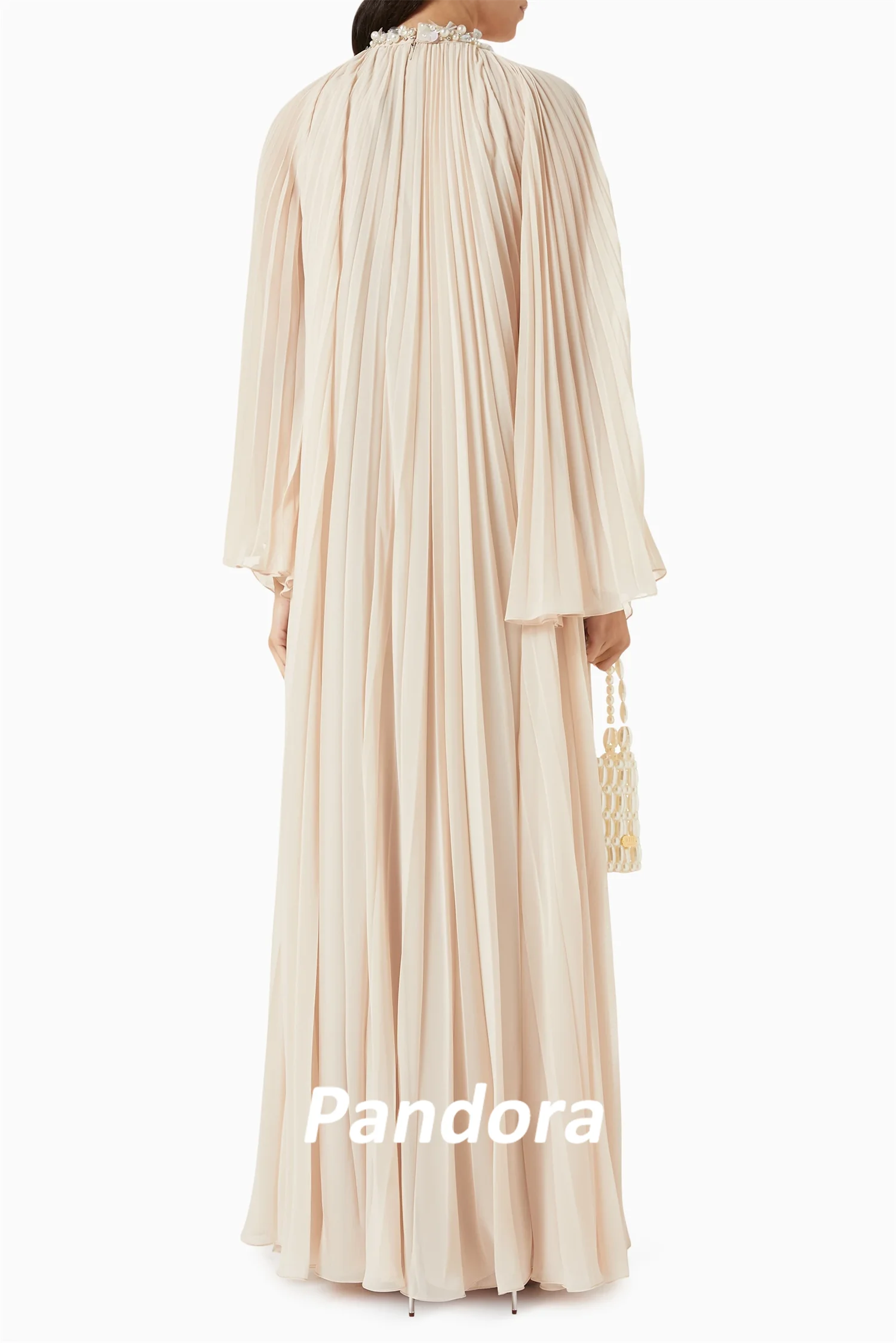 Pandora Beige A-Line Crystal High Neck Prom Dress Pleated Chiffon Evening Summer Elegant Party Dress For Women 2024