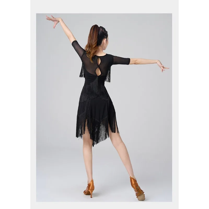 S-3XL Women Black Fringe Latin Dance Dress Elegant Ballroom Training Performance Outfit With Built-in Bra Pad & Safety Shorts
