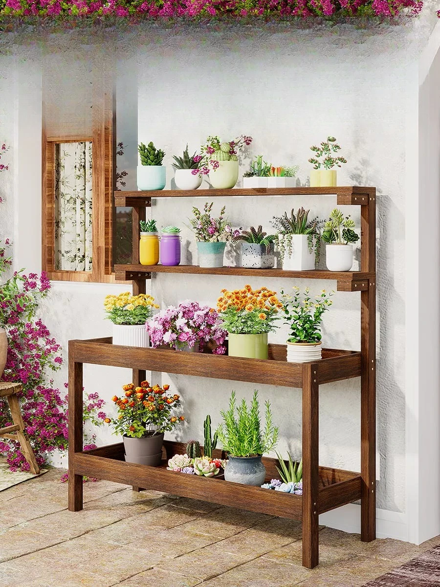 

Outdoor gardening workbench, courtyard preservative wood flower stand, outdoor garden shelf, balcony storage rack