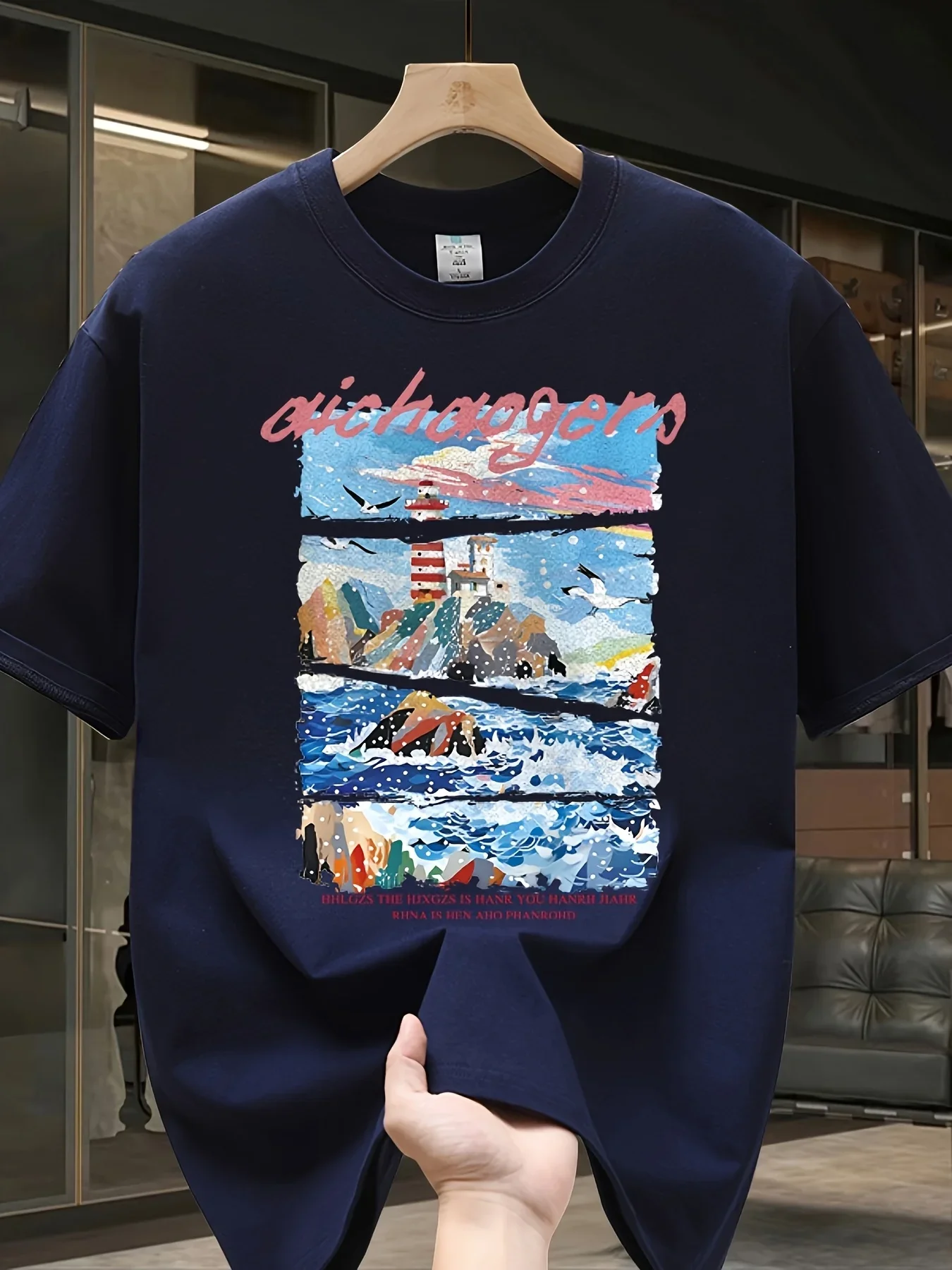 Men's 100% Cotton Coast Lighthouse Ocean Scenery T-Shirt Loose Crew Neck Soft and Breathable Perfect for Everyday Beachwear