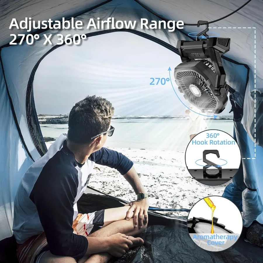 مروحة التخييم القابلة لإعادة الشحن 20000 مللي أمبير في الساعة مروحة محمولة تعمل بالبطارية مع خطاف إضاءة LED 4 سرعات 270 قابل للتعديل للتخييم