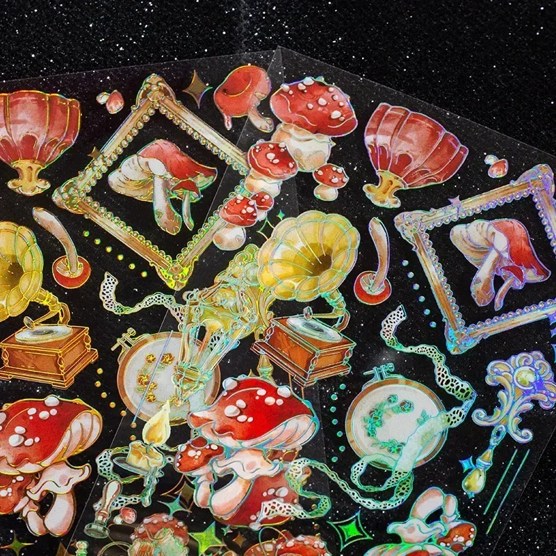 8pcs Kawaii Pastel Mushroom Stickers: Mushroom Kaleidoscope Cold Foil PET for Cute Journals